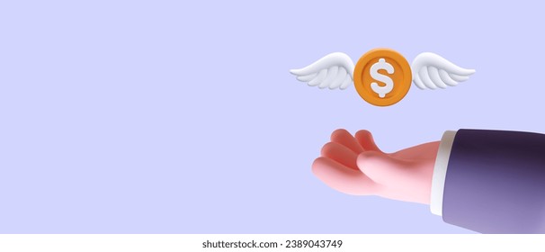 Realistic hand, dollar coin with wings. Money transfer concept. Accrual, profit, payment of remuneration, salaries. Financial operations. Vector template on purple background