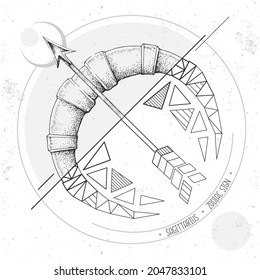 Realistic hand drawing and polygonal bow and arrow illustration. Magic card with Sagittarius zodiac sign