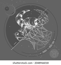 Realistische Handzeichnung und polygonale Bull-Kopfgrafik. Magenkarte mit Tauruszodiakzeichen