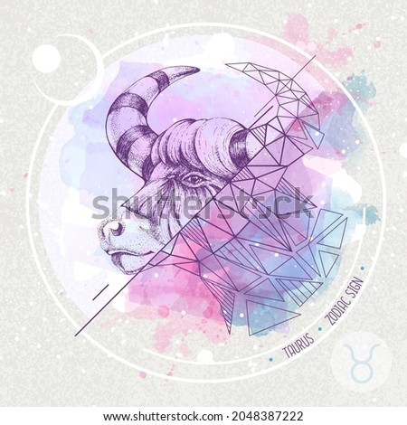 Realistic hand drawing and polygonal bull head illustration on watercolor background. Magic card with Taurus zodiac sign