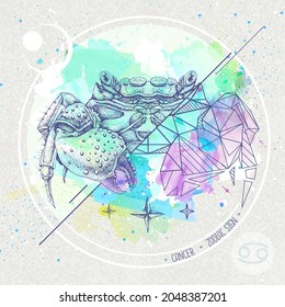 Realistic hand drawing and polygonal crab illustration on watercolor background. Magic card with Cancer zodiac sign