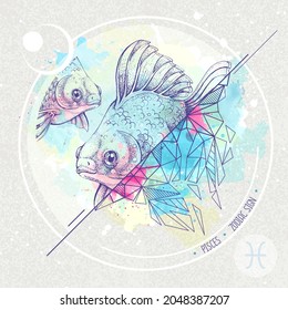 Realistische Handzeichnung und polygonale Koi-Fischgrafik auf Aquarellhintergrund. Magenkarte mit Pisces zodiac-Zeichen