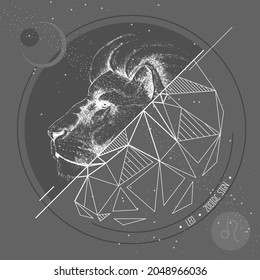 Realistic hand drawing and polygonal lion head illustration. Magic card with Leo zodiac sign