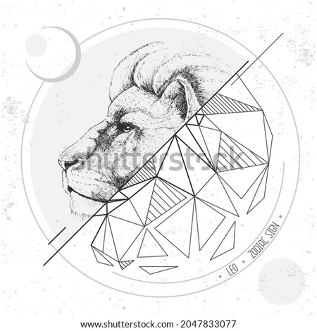 Realistic hand drawing and polygonal lion head illustration. Magic card with Leo zodiac sign