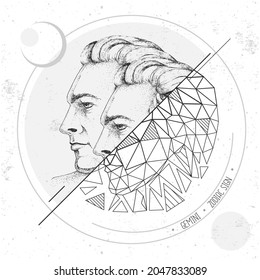 Realistic hand drawing and polygonal men head illustration. Magic card with Gemini zodiac sign