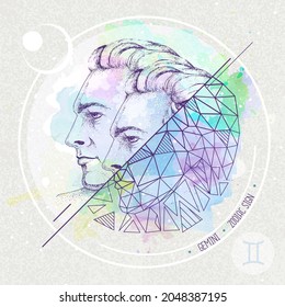 Dibujo manual realista y la ilustración de la cabeza de los hombres polígonos sobre el fondo de las acuarelas. Tarjeta mágica con signo de zodiaco Gemini