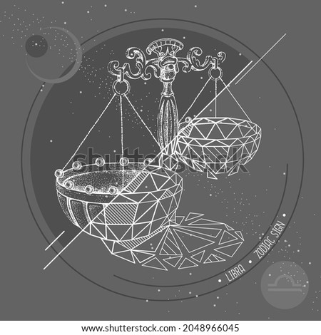 Realistic hand drawing and polygonal scales illustration. Magic card with Libra zodiac sign