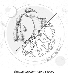 Realistic hand drawing and polygonal water jug illustration. Magic card with Aquarius zodiac sign