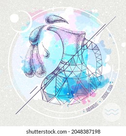 Realistische Handzeichnung und polygonale Aquakulturgrafik auf Aquarellhintergrund. Magenkarte mit Aquarius zodiac-Zeichen