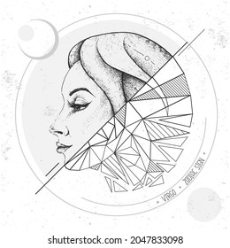 Realistic hand drawing and polygonal woman head illustration. Magic card with Virgo zodiac sign