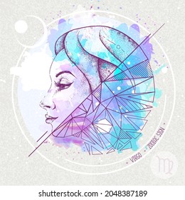 Realistic hand drawing and polygonal woman head illustration on watercolor background. Magic card with Virgo zodiac sign