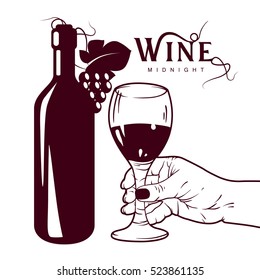 Realistic hand drawing, unopened wine bottle and hand holding a wineglass, sketch style vector illustration isolated. Can be used for some posters or cards.