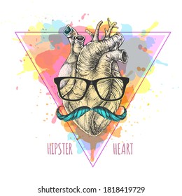 Realistic hand drawing vector illustration of human heart with hister glasses and mustache on artistic watercolor background.