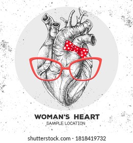 Realistic hand drawing vector illustration of women`s  heart with hister glasses and bow.