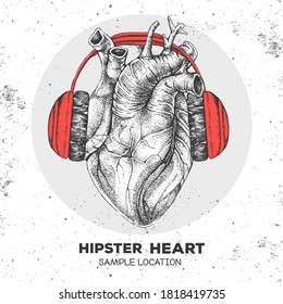 Dibujo manual realista de ilustraciones vectoriales del corazón humano con auriculares.