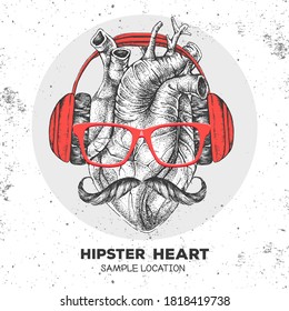 Realistic hand drawing vector illustration of human heart with hister glasses and mustache. Heart with headphones