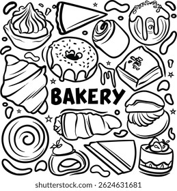 Realistic hand drawn bakery background, Set of handdrawn doodle illustrations of bread, Hand Drawn Fast Food Doodle Line art Vector Clip Art