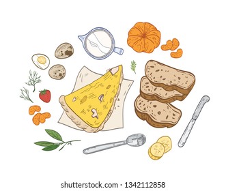 Realistic hand drawn composition with tasty breakfast meals or snacks and fresh organic morning food - pizza slice, bread, eggs, fruits and berries. Vector illustration in vintage style for cafe.