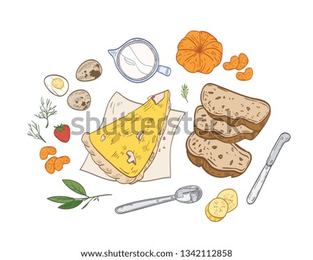 Realistic hand drawn composition with tasty breakfast meals or snacks and fresh organic morning food - pizza slice, bread, eggs, fruits and berries. Vector illustration in vintage style for cafe.