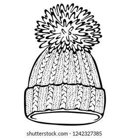 Realistic hand drawn hat with a pompom. Vector illustration knitted seasonal winter traditional accessories with ornament 