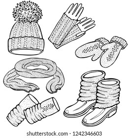 Realistic hand drawn hat with a pompom, scarf, mittens and shoes with knitted cuffs. Set knitted seasonal winter traditional accessories with ornament vector illustration