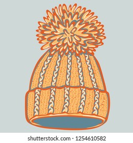 Realistic hand drawn hat with a pompom. Vector illustration knitted seasonal winter traditional accessories with ornament 