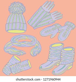 Realistic hand drawn hat with a pompom, scarf, mittens and shoes with knitted cuffs. Set knitted seasonal winter traditional accessories with ornament vector illustration