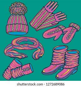 Realistic hand drawn hat with a pompom, scarf, mittens and shoes with knitted cuffs. Set knitted seasonal winter traditional accessories with ornament vector illustration