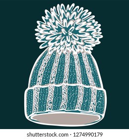 Realistic hand drawn hat with a pompom. Vector illustration knitted seasonal winter traditional accessories with ornament 