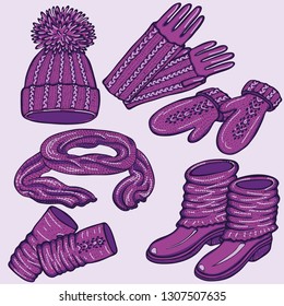 Realistic hand drawn hat with a pompom, scarf, mittens and shoes with knitted cuffs. Set knitted seasonal winter traditional accessories with ornament vector illustration