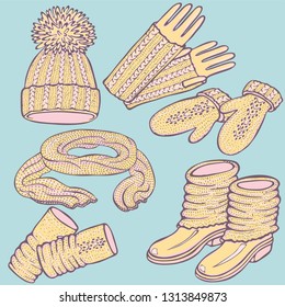 Realistic hand drawn hat with a pompom, scarf, mittens and shoes with knitted cuffs. Set knitted seasonal winter traditional accessories with ornament vector illustration