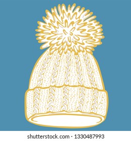 Realistic hand drawn hat with a pompom. Vector illustration knitted seasonal winter traditional accessories with ornament 