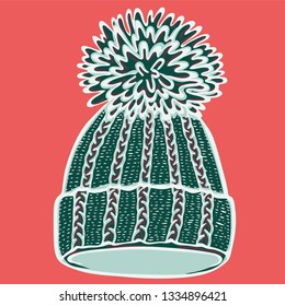 Realistic hand drawn hat with a pompom. Vector illustration knitted seasonal winter traditional accessories with ornament 