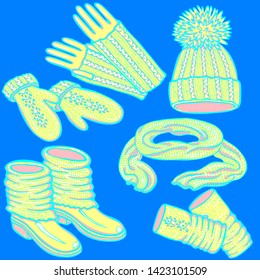 Realistic hand drawn hat with a pompom, scarf, mittens and shoes with knitted cuffs. Set knitted seasonal winter traditional accessories with ornament vector illustration