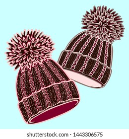 Realistic hand drawn hat with a pompom. Vector illustration knitted seasonal winter traditional accessories with ornament