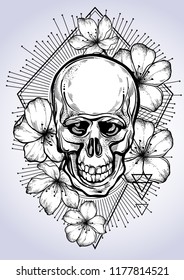 Realistic hand drawn human skull with flowers of apple and sacred geometry. Vector illustration in boho style. Esoteric mystic symbol great for print, posters and tattoo design.