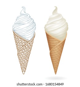 Realistic and hand drawn ice cream and waffle cone vector illustrations set. Part of collection. 