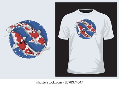 Realista ilustración hecha a mano de dos carpas koi nadando en el fondo de olas de agua. Impresión de camisetas.