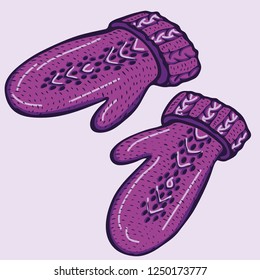 Realistic hand drawn mittens with knitted braid cables. Vector illustration knitted seasonal winter traditional accessories with ornament 