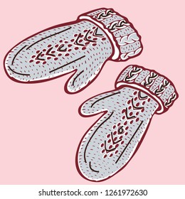 Realistic hand drawn mittens with knitted braid cables. Vector illustration knitted seasonal winter traditional accessories with ornament 