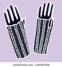 Realistic hand drawn mittens with knitted braid cables. Vector illustration knitted seasonal winter traditional accessories with ornament 