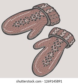 Realistic hand drawn mittens with knitted braid cables. Vector illustration knitted seasonal winter traditional accessories with ornament 