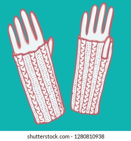Realistic hand drawn mittens with knitted braid cables. Vector illustration knitted seasonal winter traditional accessories with ornament 