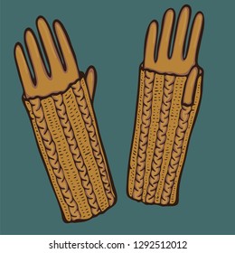 Realistic hand drawn mittens with knitted braid cables. Vector illustration knitted seasonal winter traditional accessories with ornament