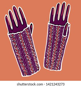 Realistic hand drawn mittens with knitted braid cables. Vector illustration knitted seasonal winter traditional accessories with ornament