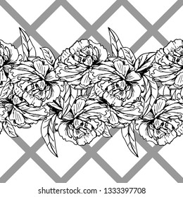 Realistic hand drawn pattern with peony. White and black illustration surface design