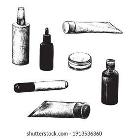 Realistic hand drawn pencil set of cosmetic bottles.