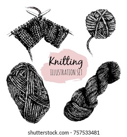 Realistic hand drawn set of knitting illustration.