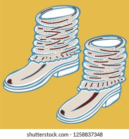 Realistic hand drawn shoes with knitted cuffs. Vector illustration knitted seasonal winter traditional accessories with ornament 