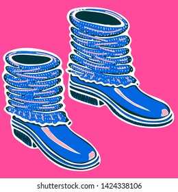 Realistic hand drawn shoes with knitted cuffs. Vector illustration knitted seasonal winter traditional accessories with ornament